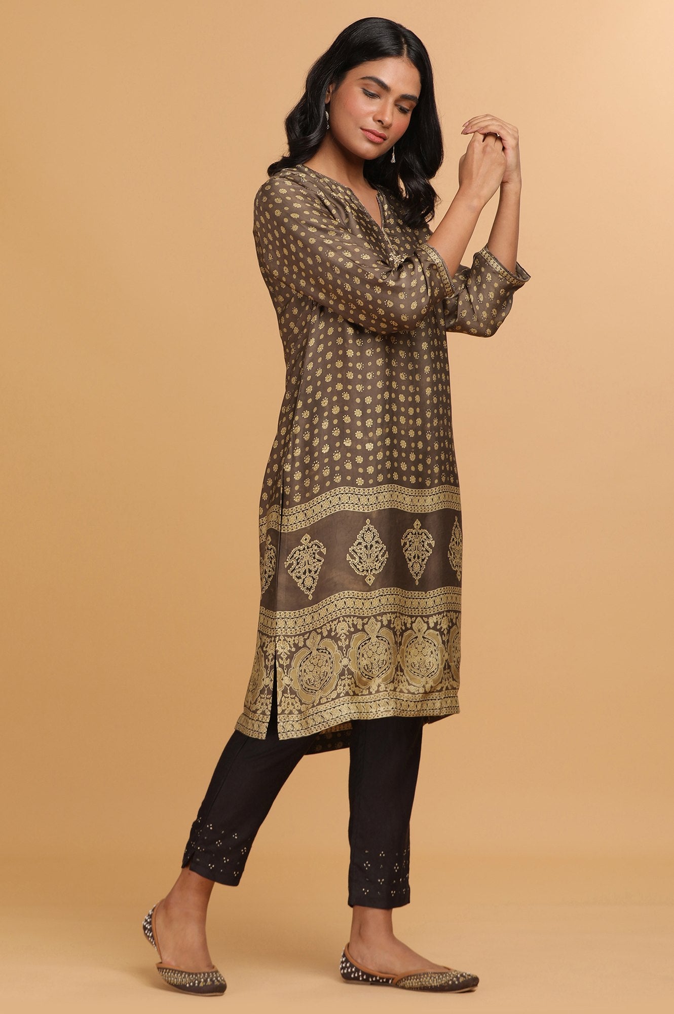 Olive Green Lustrous kurta in Ajrakh Print