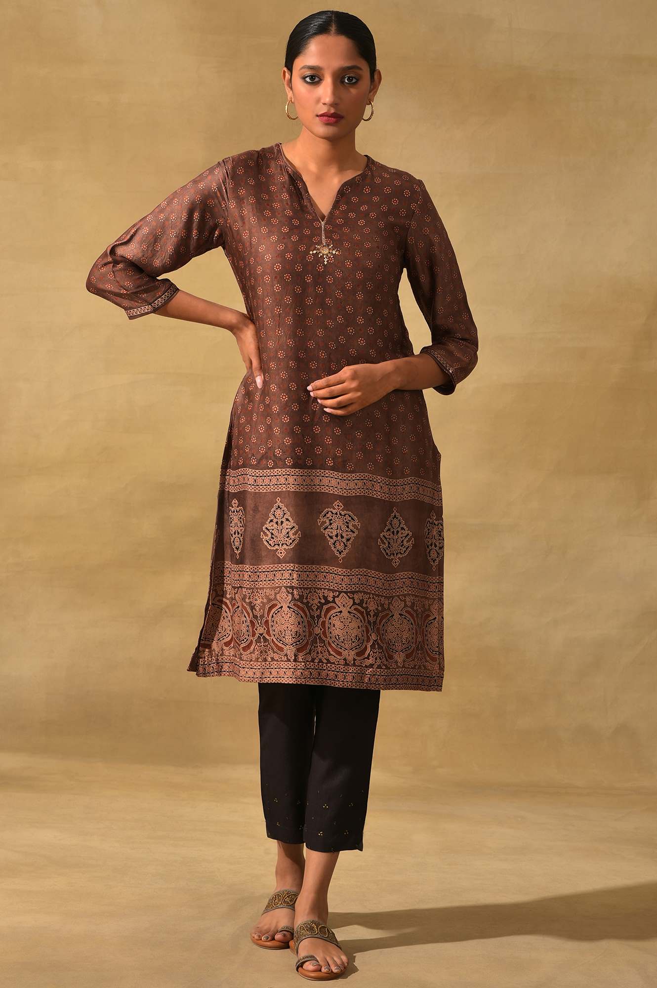 Rust Ajrakh Print kurta In Lustrous Satin