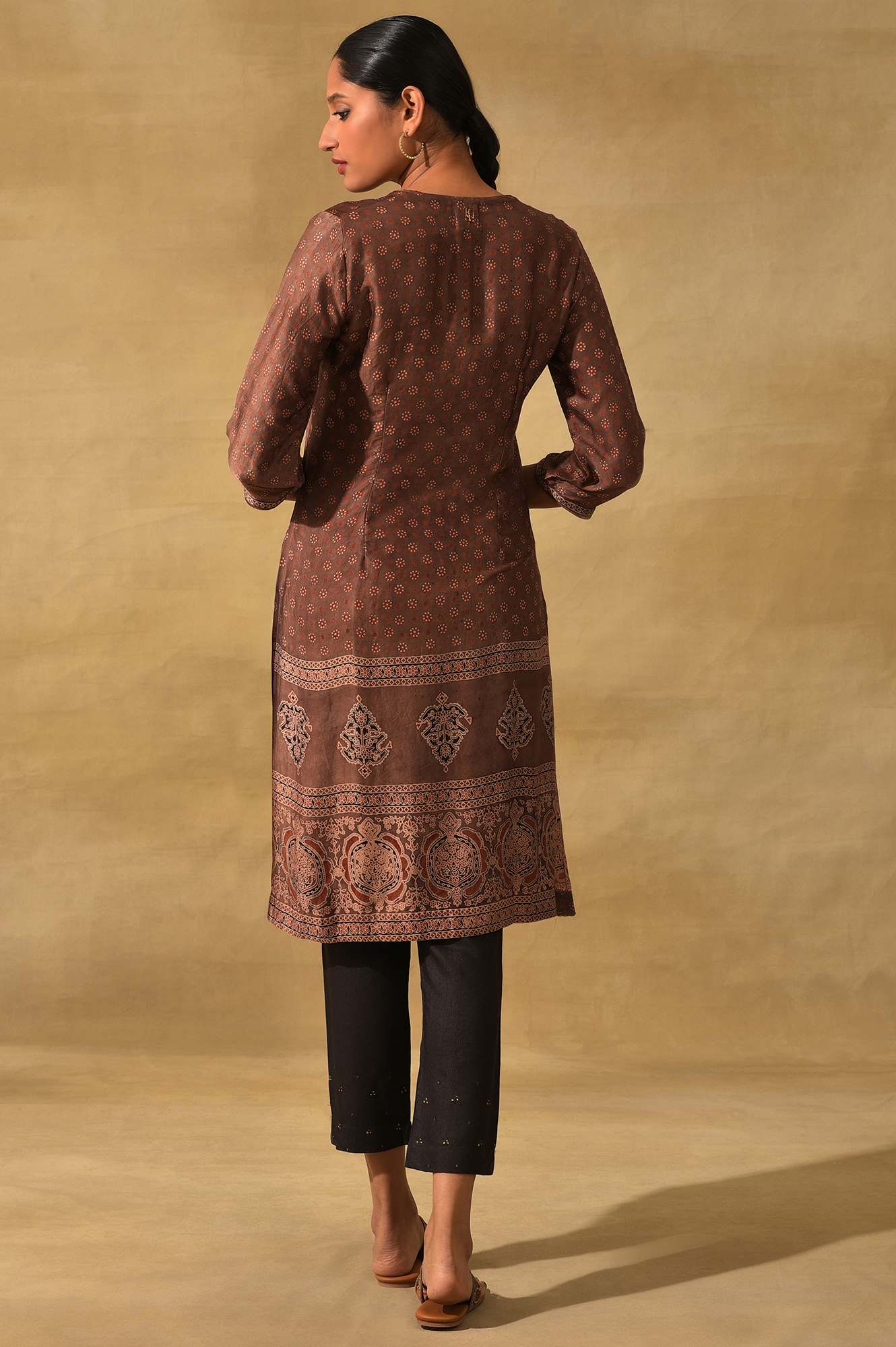 Rust Ajrakh Print kurta In Lustrous Satin