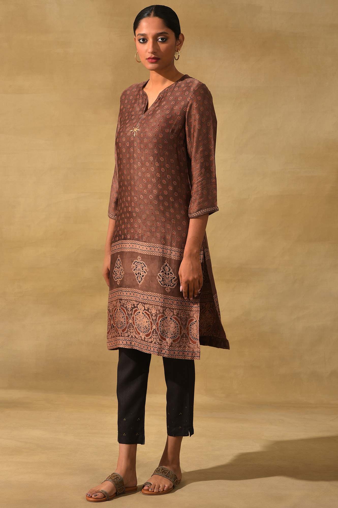 Rust Ajrakh Print kurta In Lustrous Satin