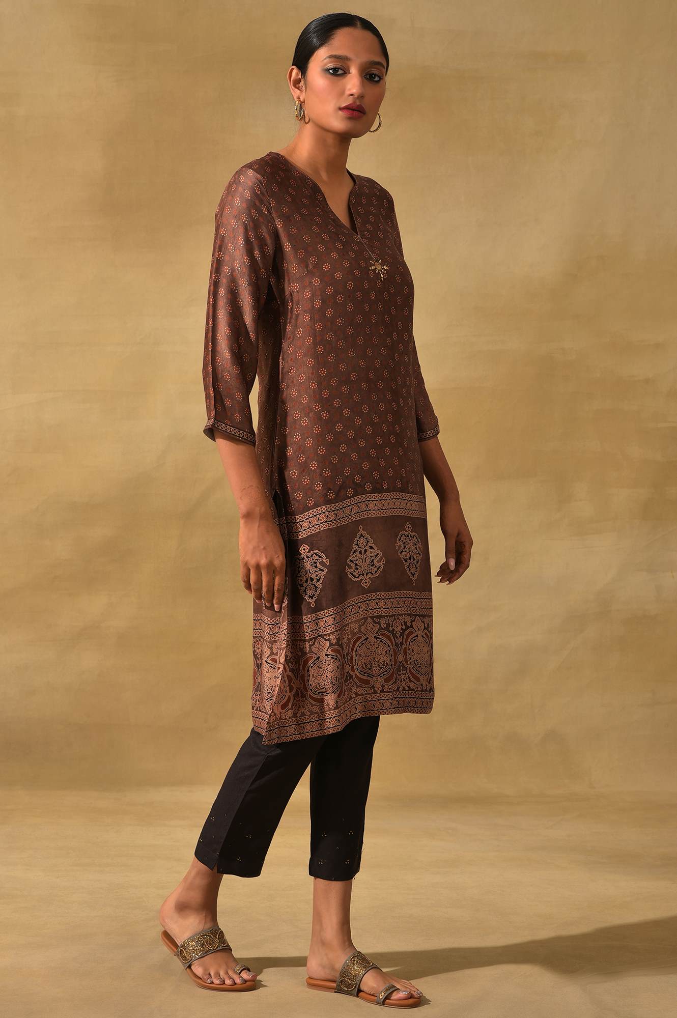 Rust Ajrakh Print kurta In Lustrous Satin