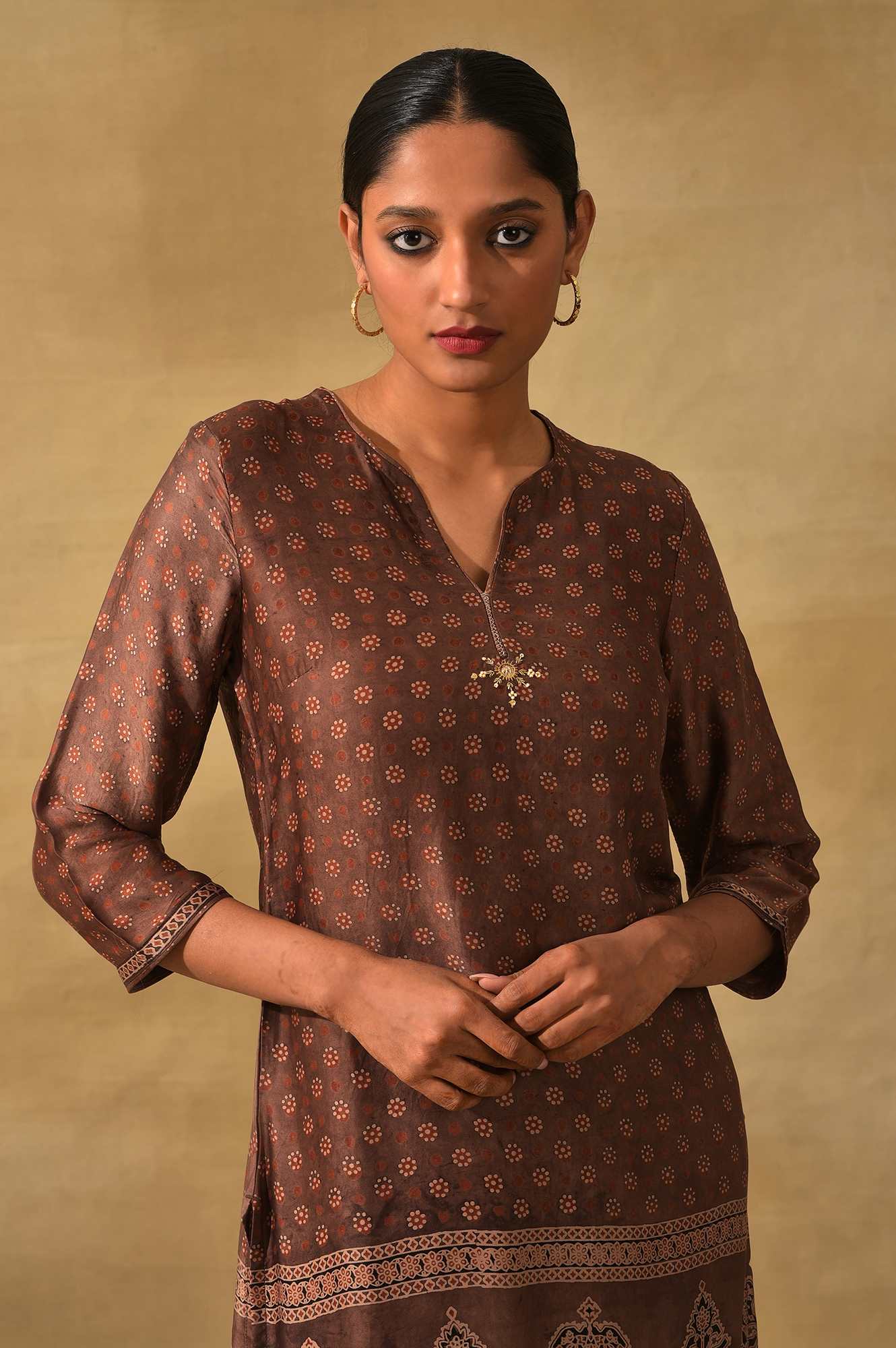 Rust Ajrakh Print kurta In Lustrous Satin