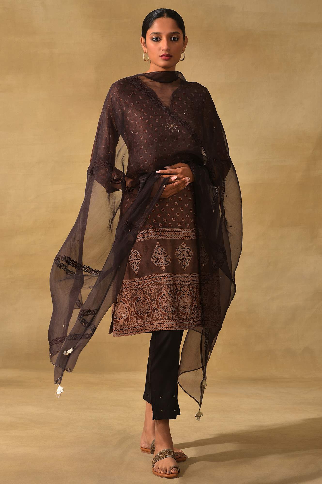 Rust Ajrakh Print kurta In Lustrous Satin