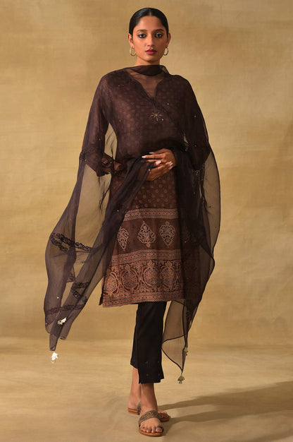 Rust Ajrakh Print kurta In Lustrous Satin