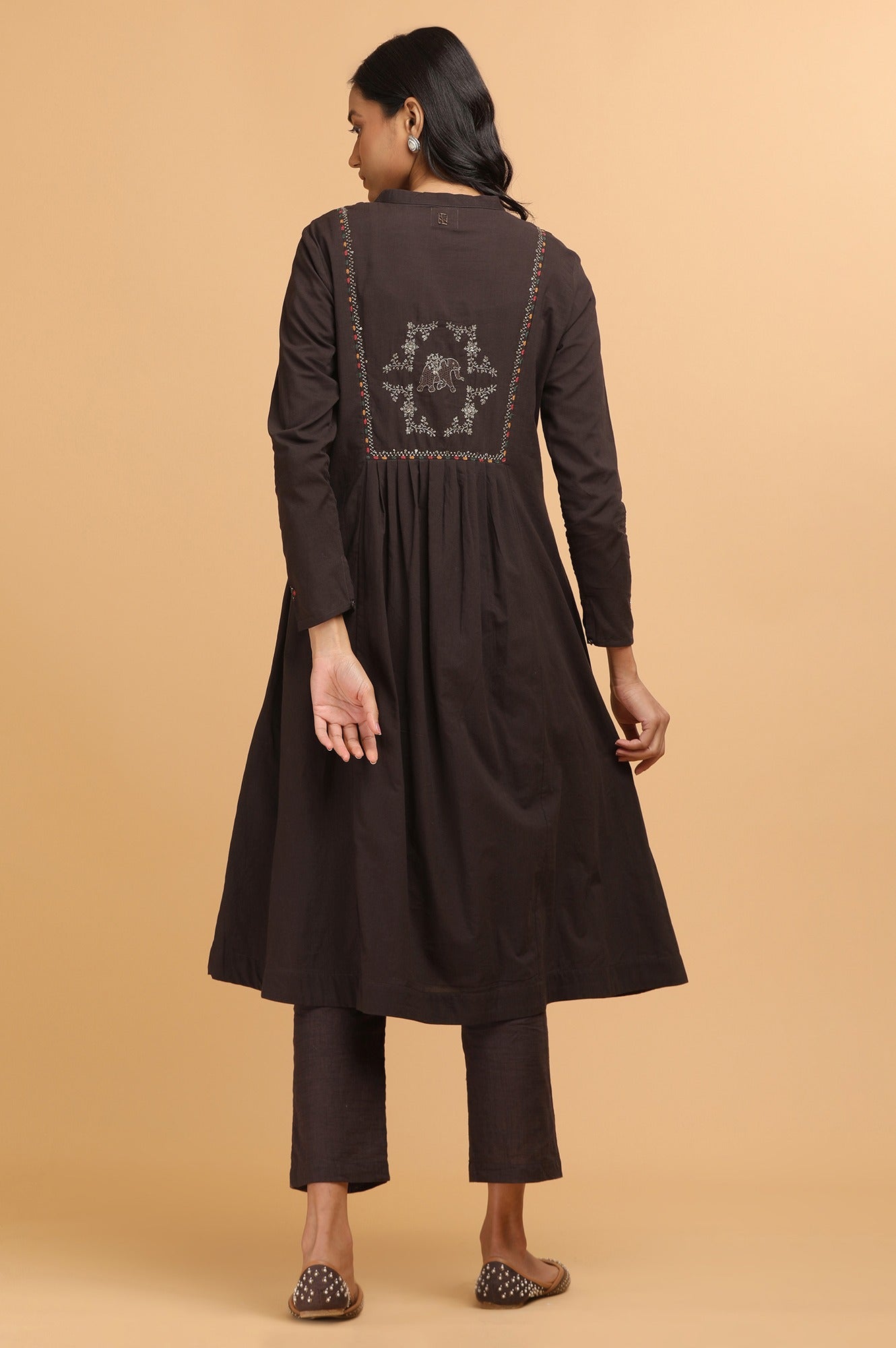 Dark Brown Panelled kurta in Kutch embroidery