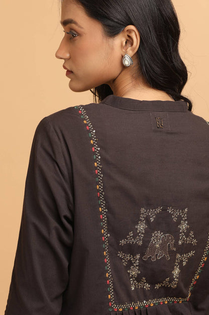Dark Brown Panelled kurta in Kutch embroidery