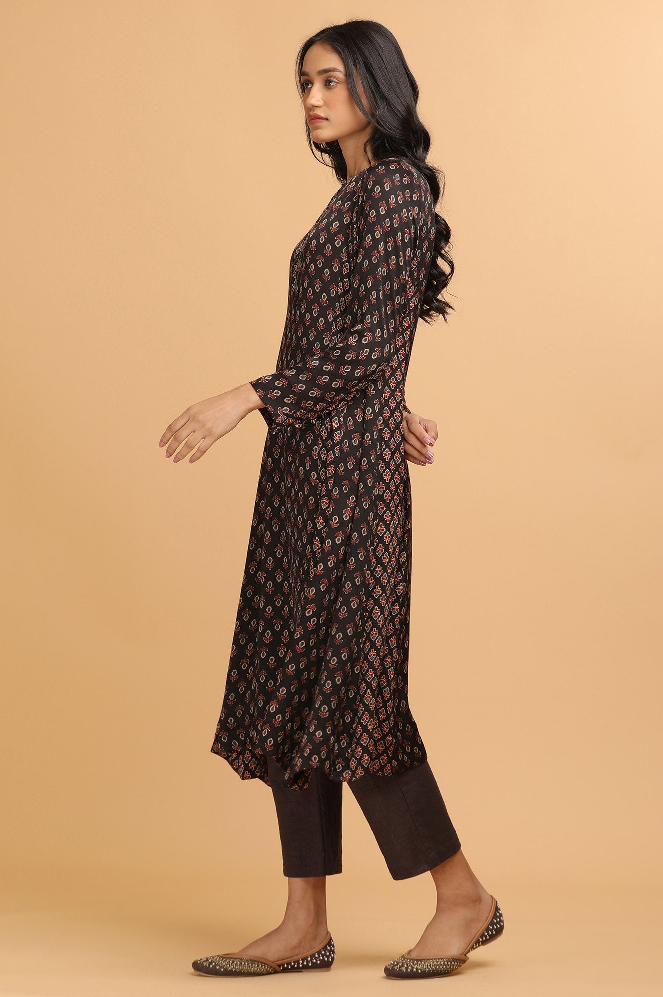 Dark Brown Panelled Ajrakh Print kurta