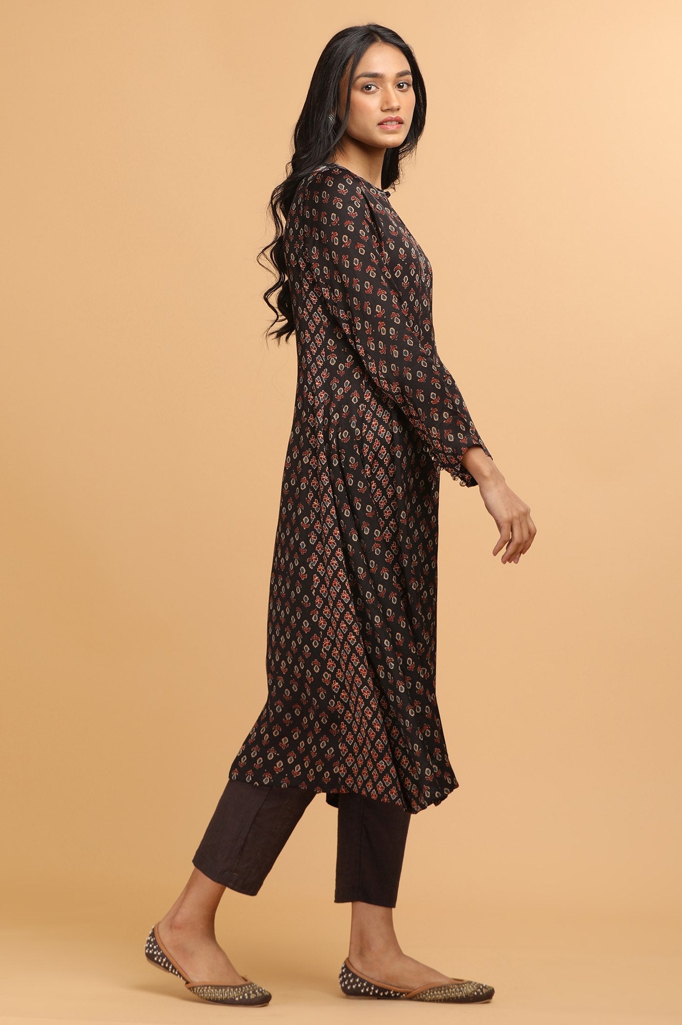 Dark Brown Panelled Ajrakh Print kurta