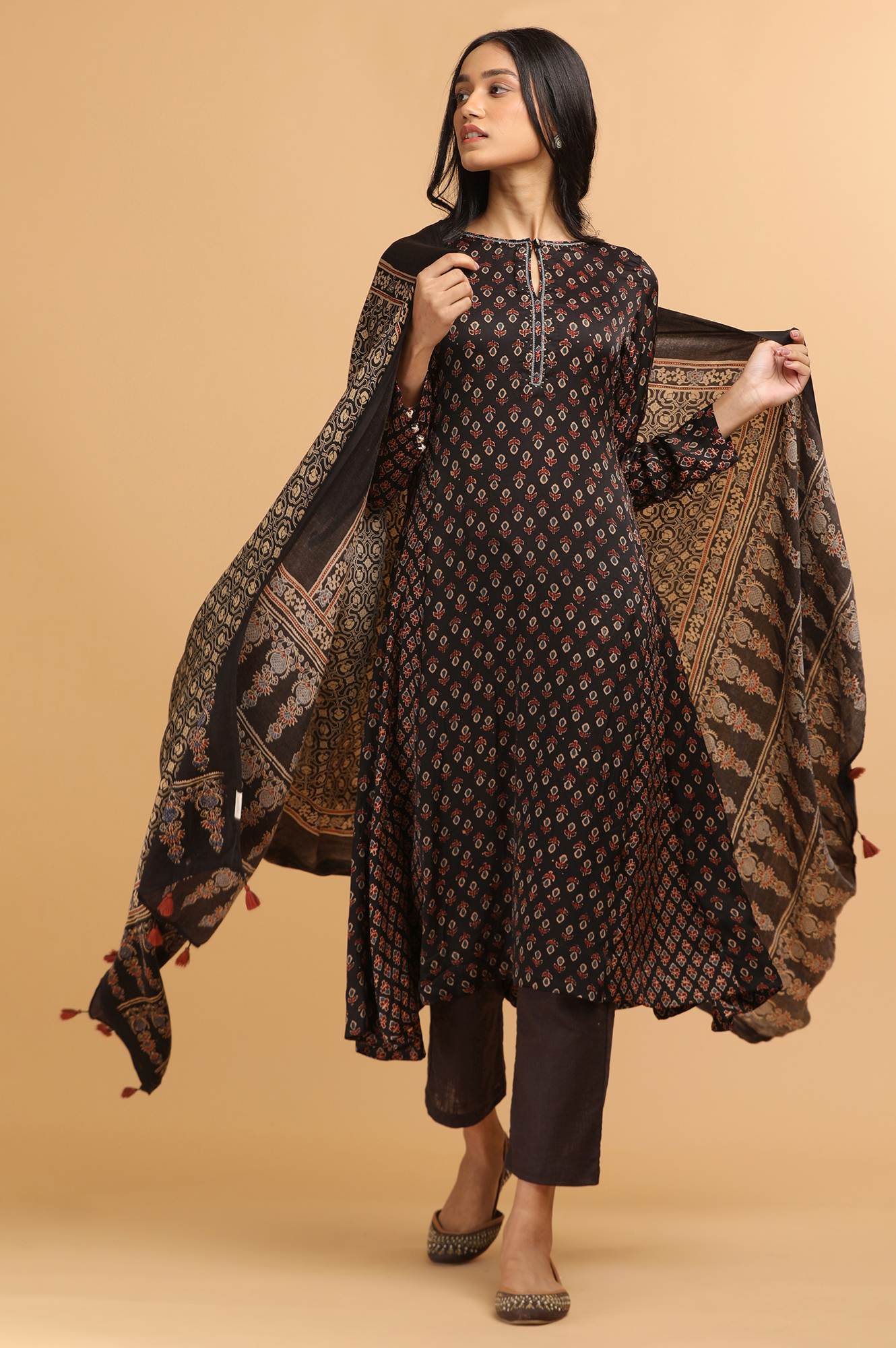 Dark Brown Panelled Ajrakh Print kurta