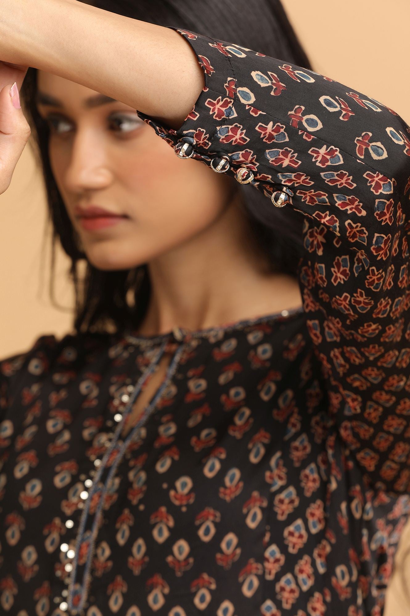 Dark Brown Panelled Ajrakh Print kurta