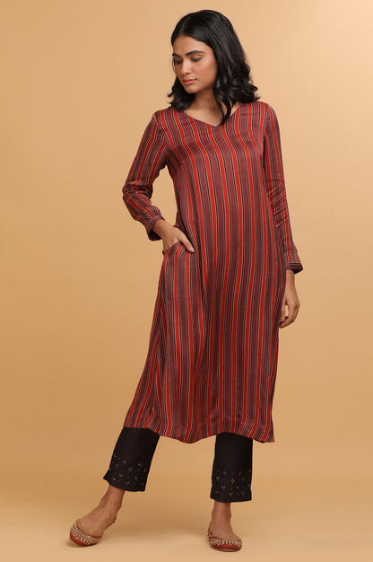 Red Stripes Ajrakh Print kurta in Modal satin