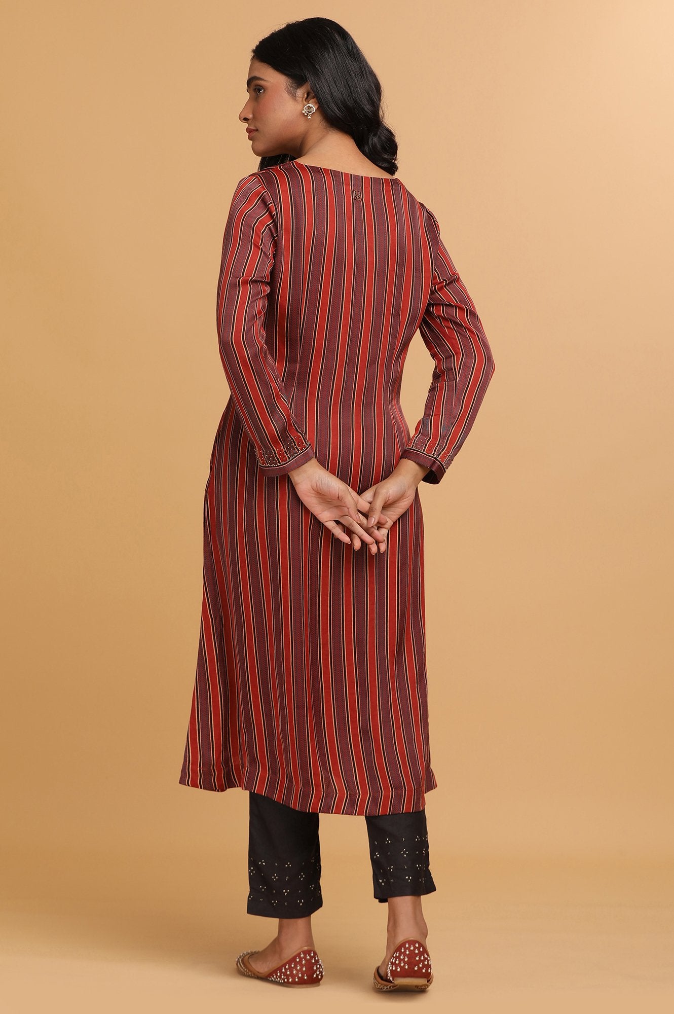 Red Stripes Ajrakh Print kurta in Modal satin