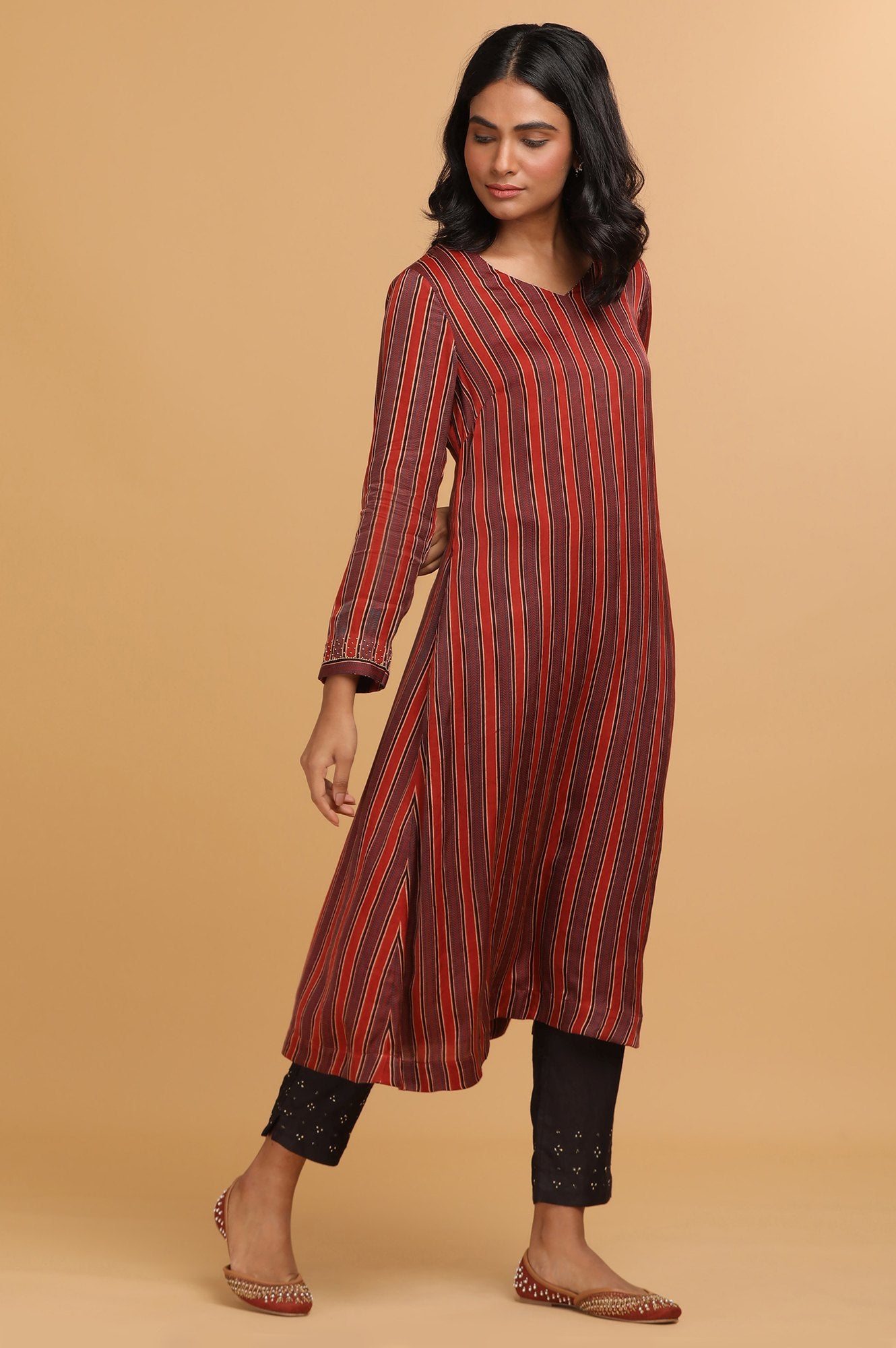 Red Stripes Ajrakh Print kurta in Modal satin