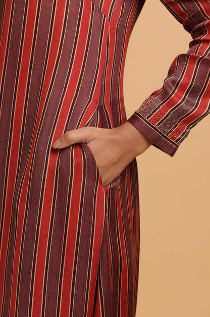 Red Stripes Ajrakh Print kurta in Modal satin