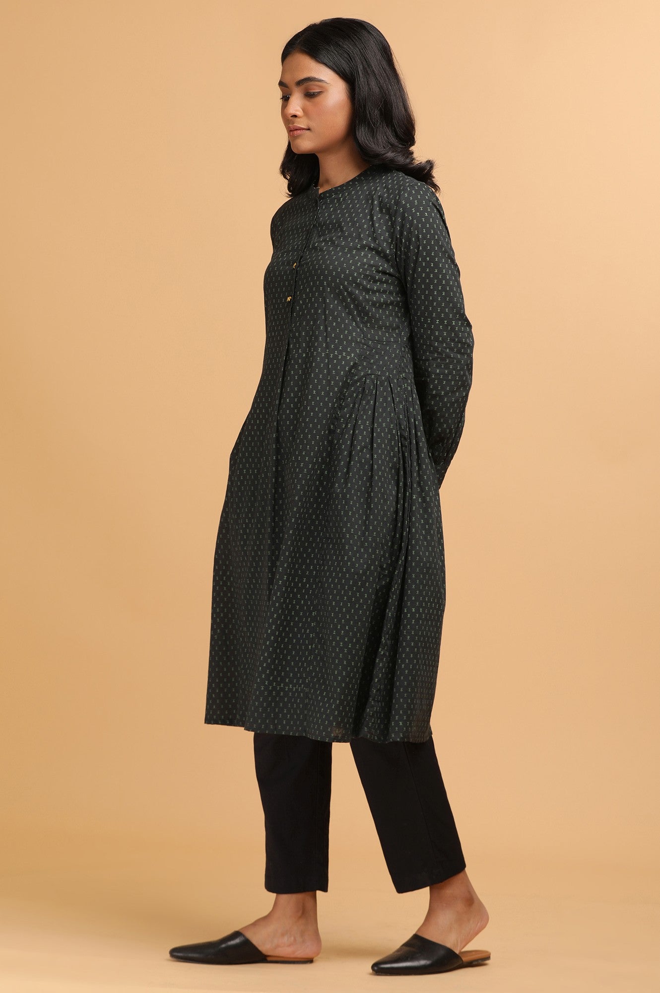 Dark Green Hand Block Print Shirt Dress