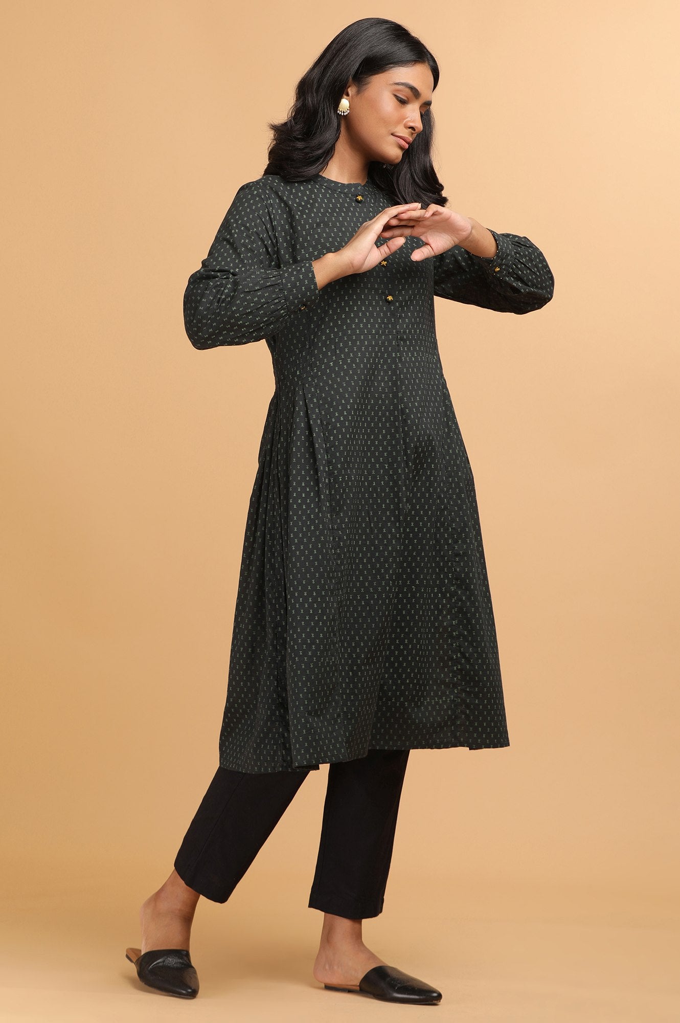 Dark Green Hand Block Print Shirt Dress