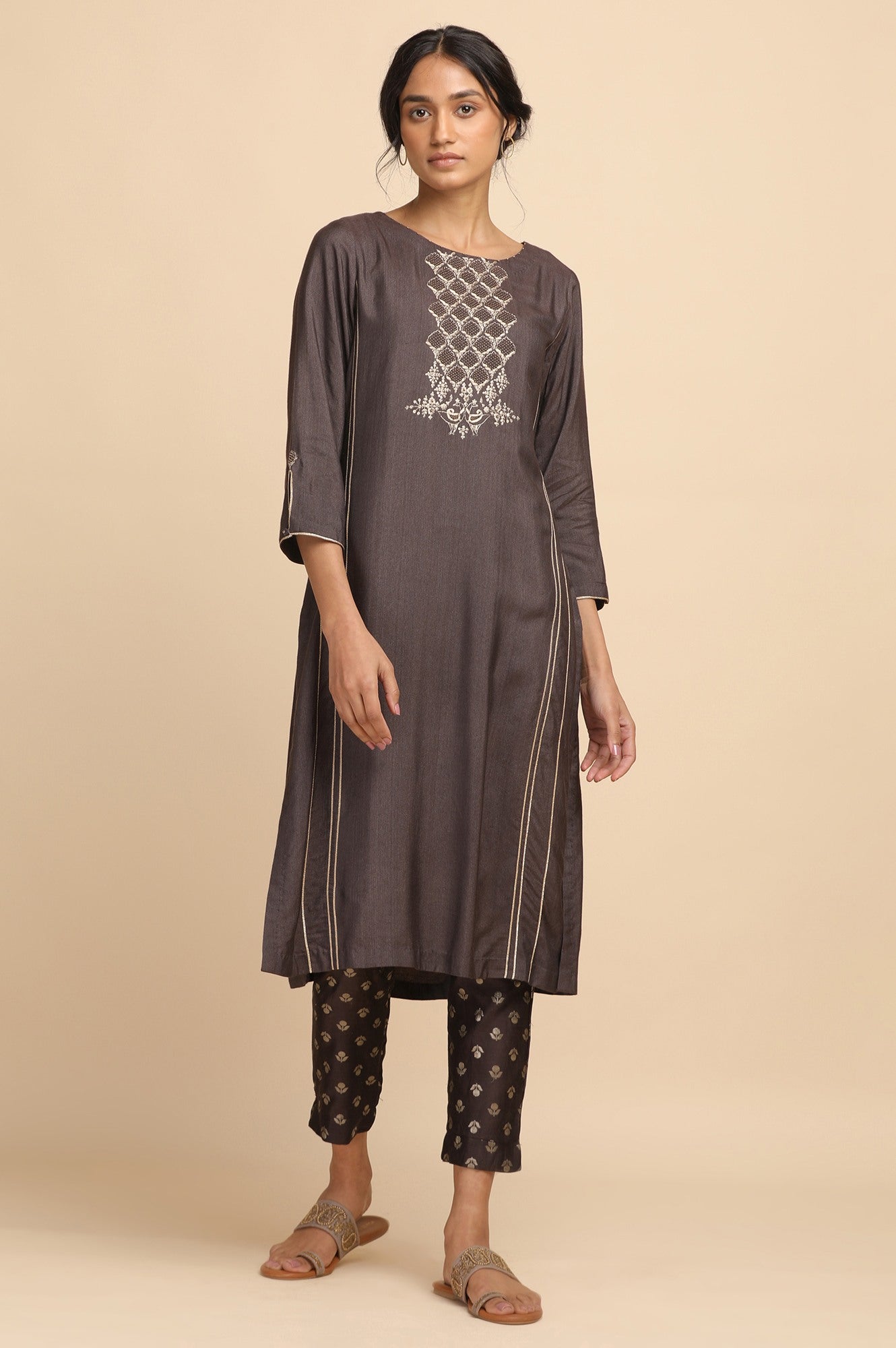 Dark Brown kurta in Silk Viscose Tussar