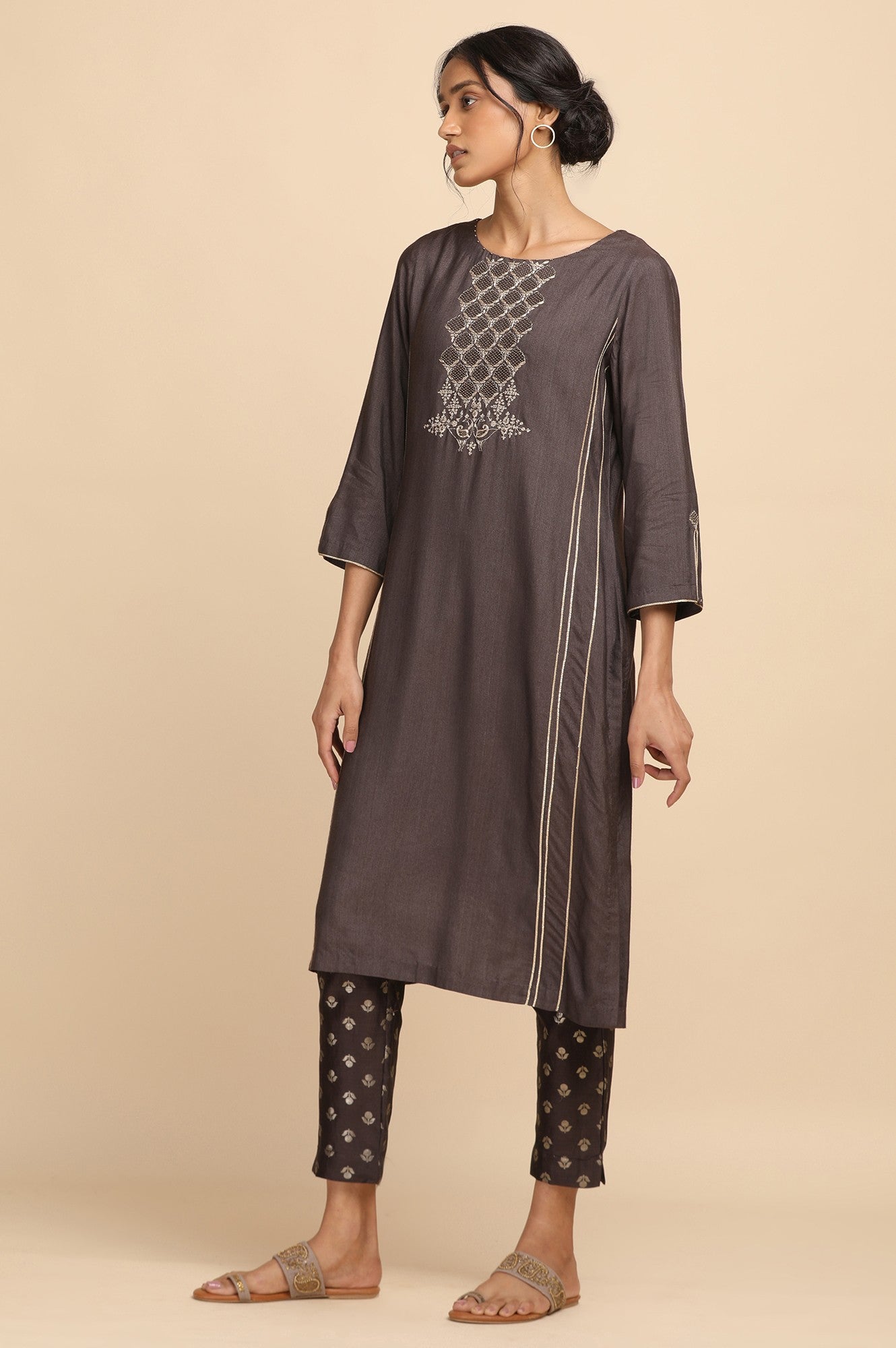 Dark Brown kurta in Silk Viscose Tussar