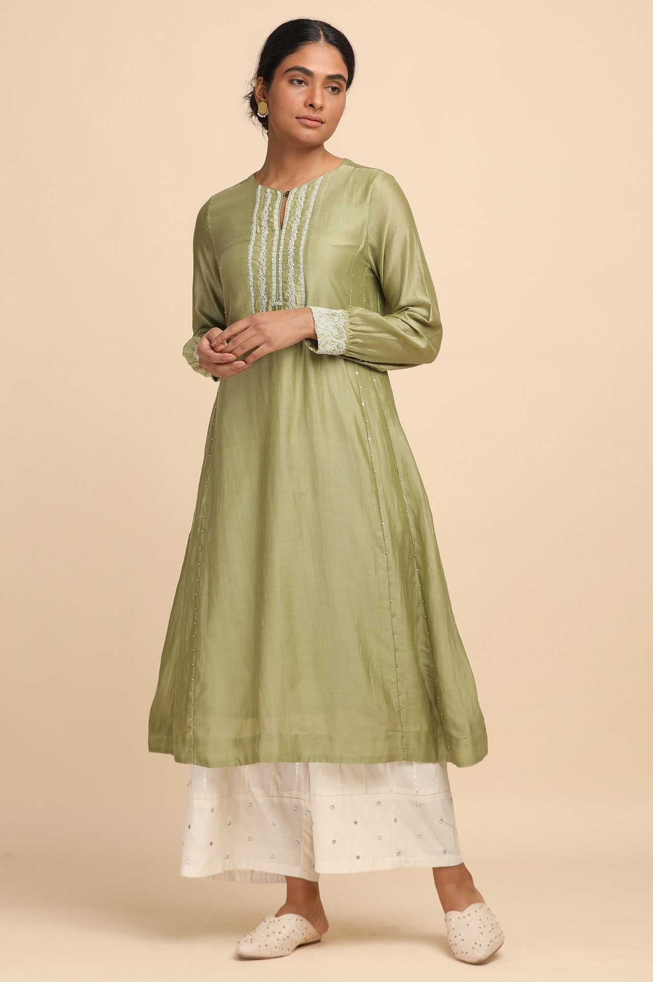 Pastel Green Beadwork kurta in Cotton Silk