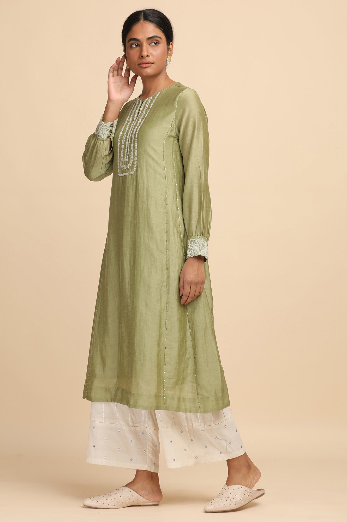 Pastel Green Beadwork kurta in Cotton Silk