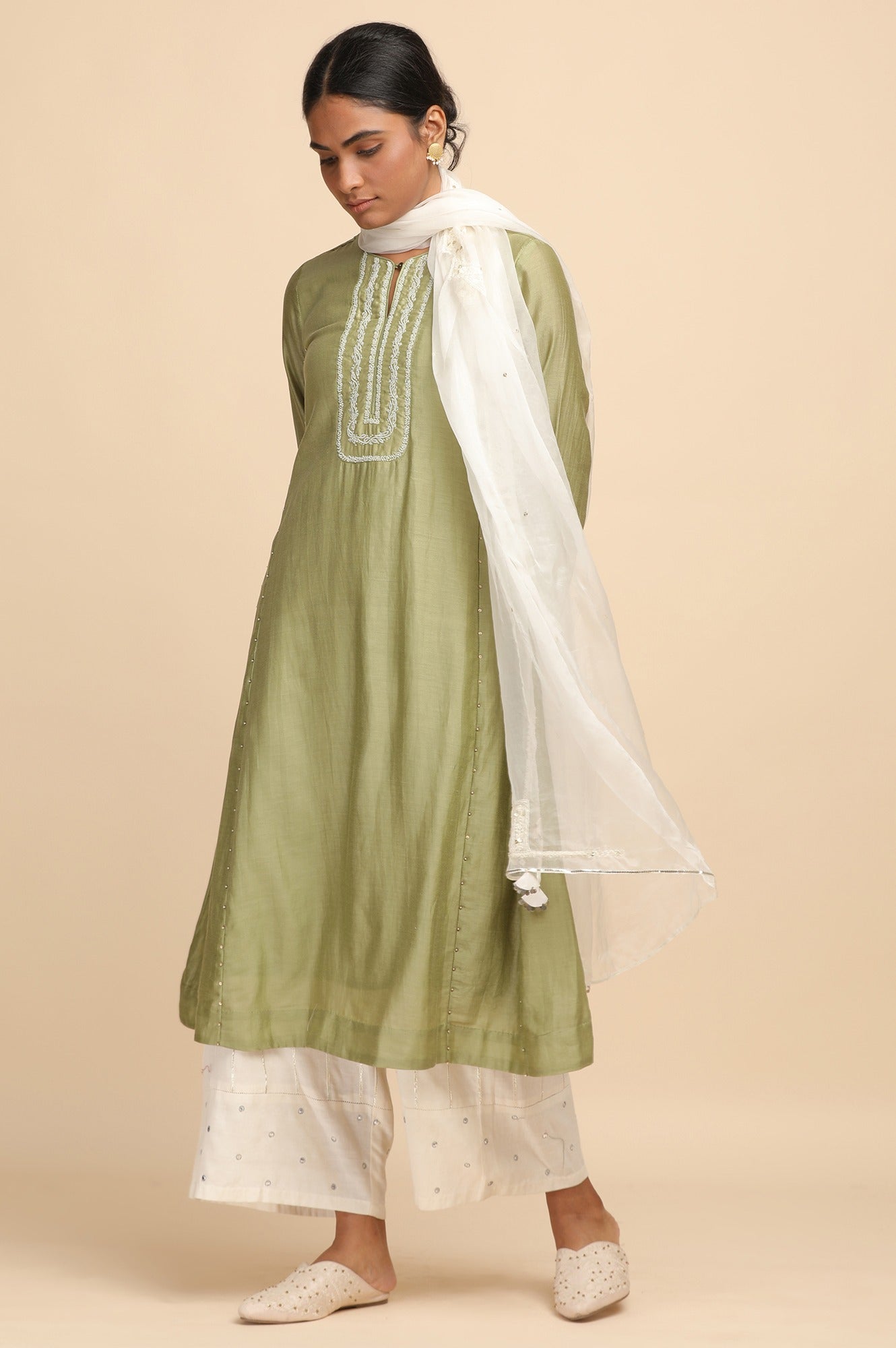 Pastel Green Beadwork kurta in Cotton Silk