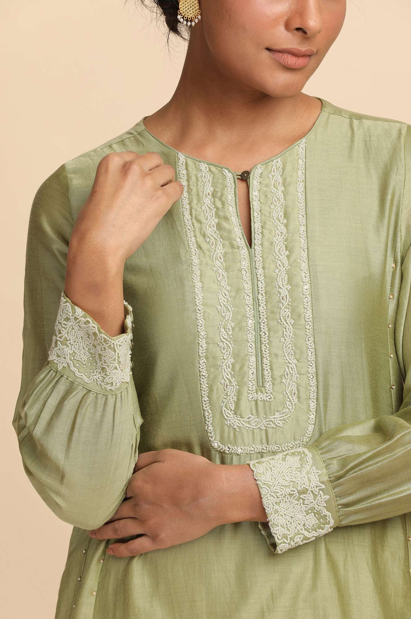 Pastel Green Beadwork kurta in Cotton Silk