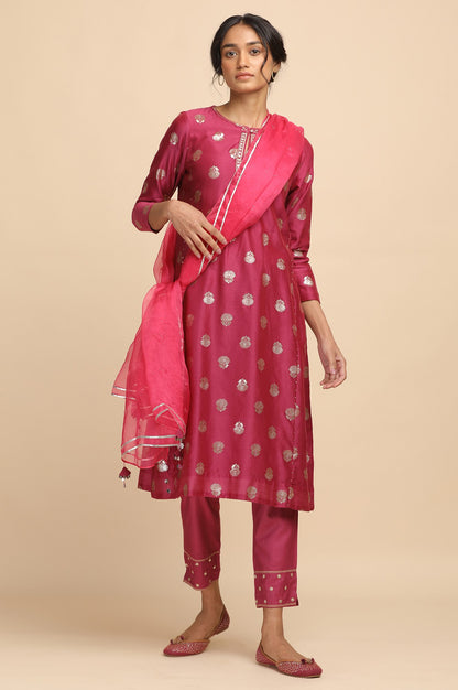 Bright Pink Jacquard kurta in Cotton Silk