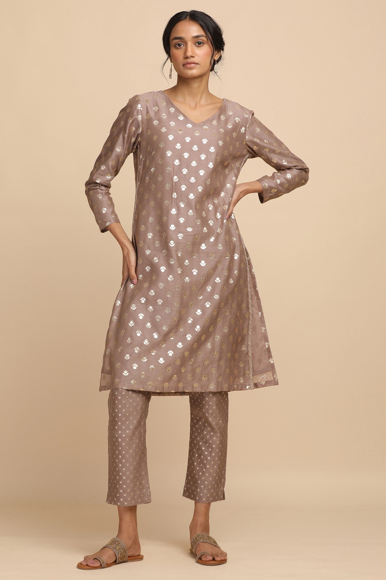 Grey and Gold Cotton Silk Jacquard kurta