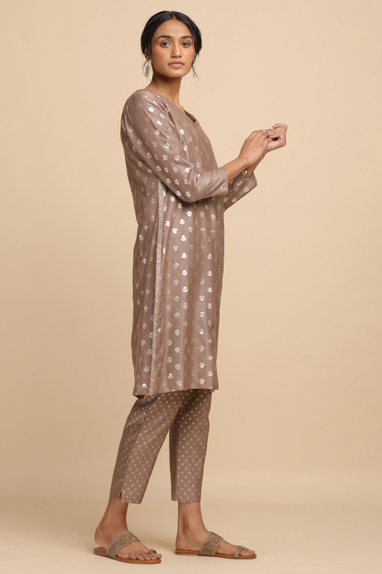 Grey and Gold Cotton Silk Jacquard kurta