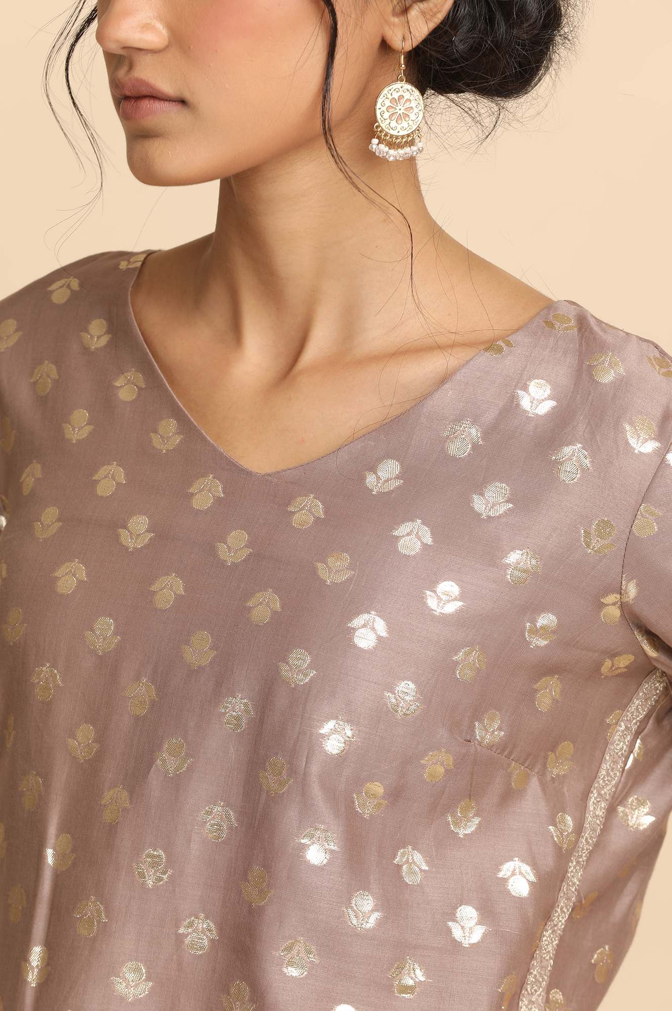 Grey and Gold Cotton Silk Jacquard kurta