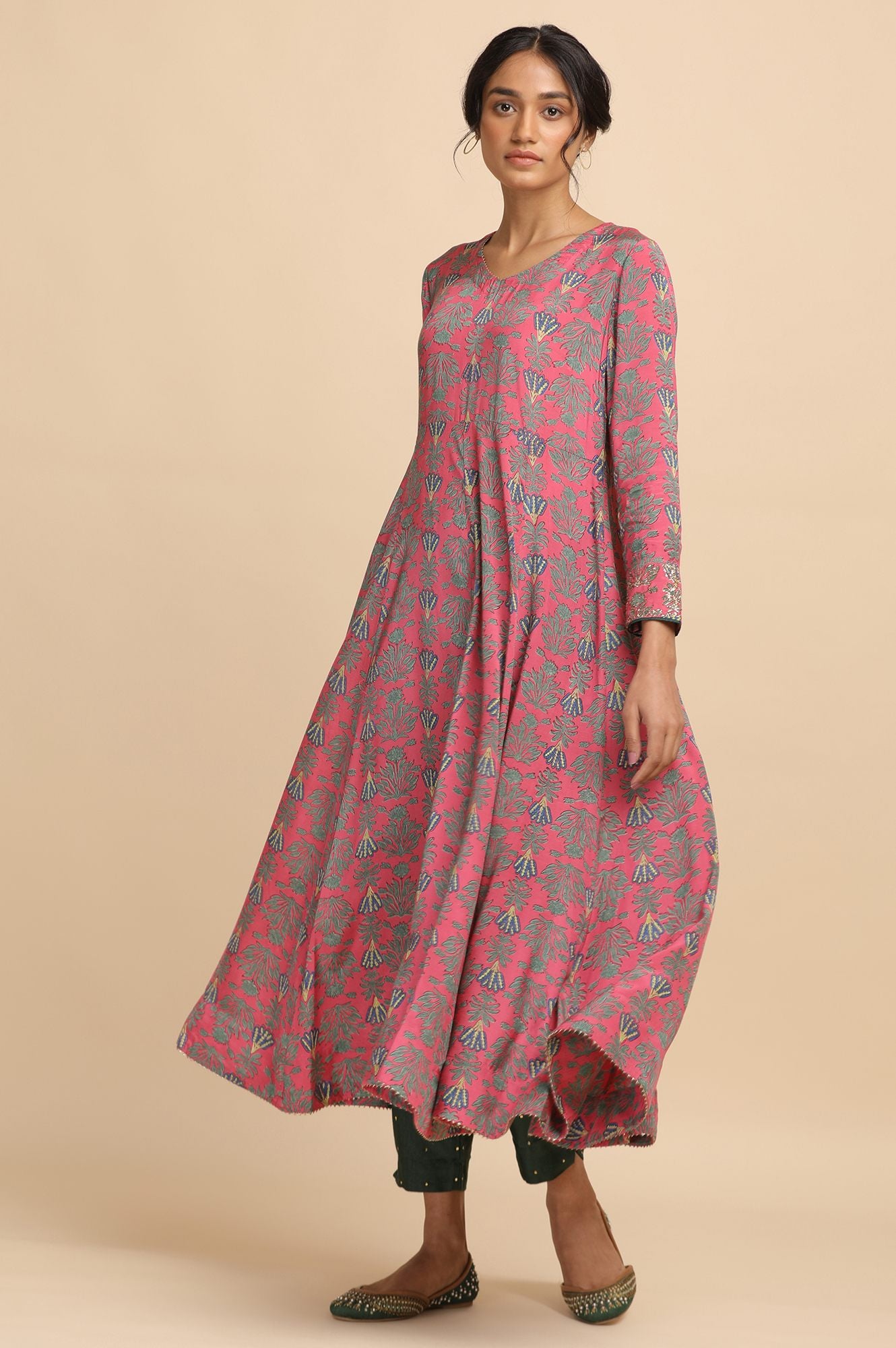 Pink Hand Block Print Anarakali kurta