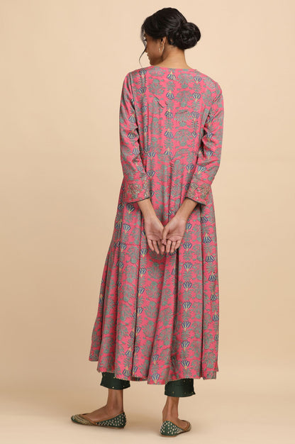 Pink Hand Block Print Anarakali kurta