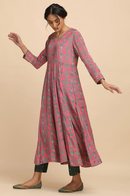 Pink Hand Block Print Anarakali kurta