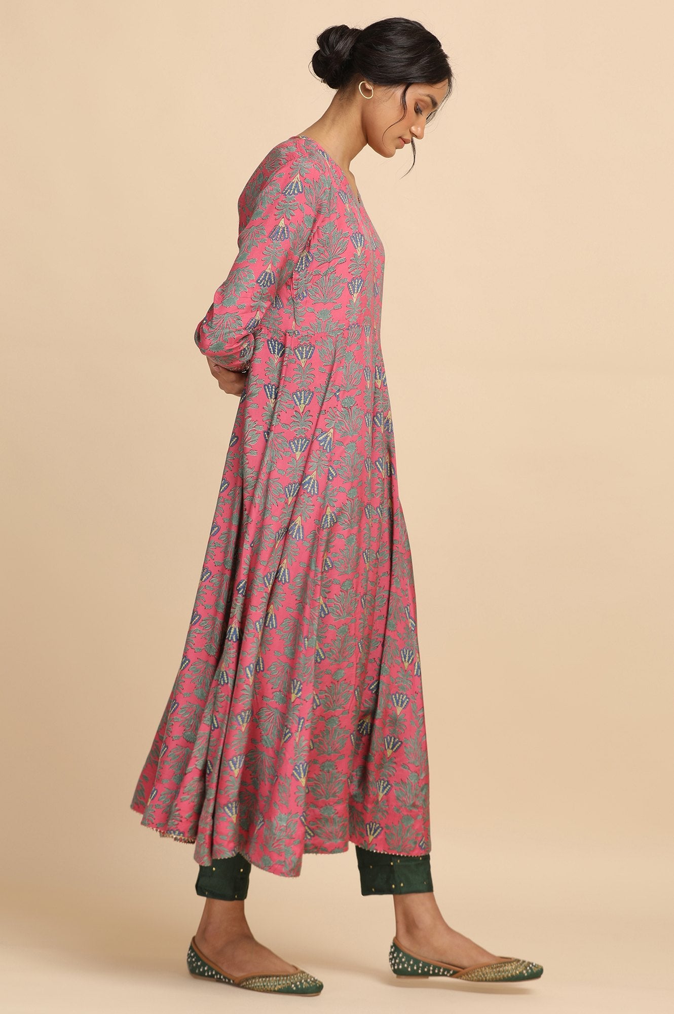 Pink Hand Block Print Anarakali kurta