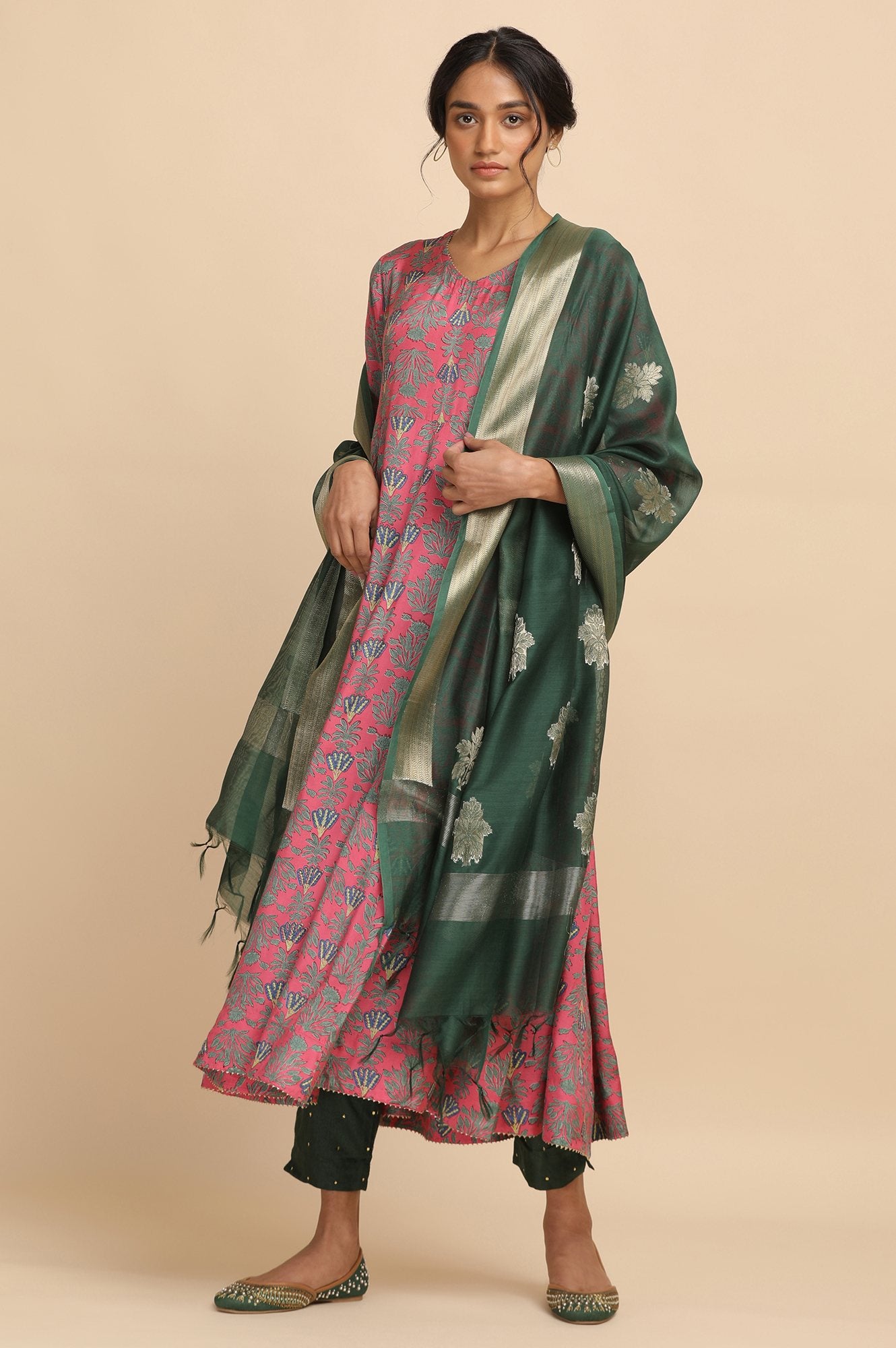 Pink Hand Block Print Anarakali kurta