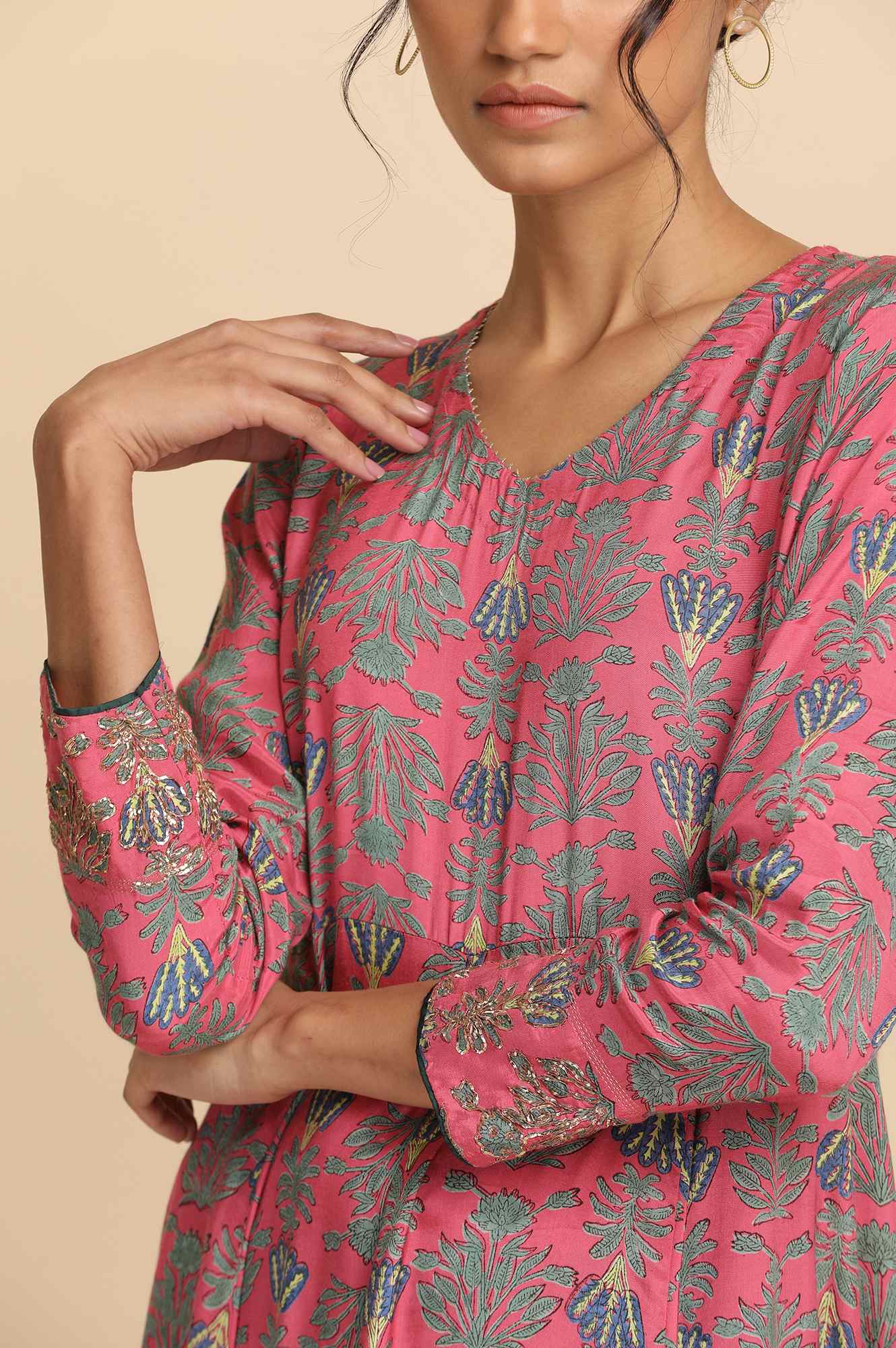 Pink Hand Block Print Anarakali kurta