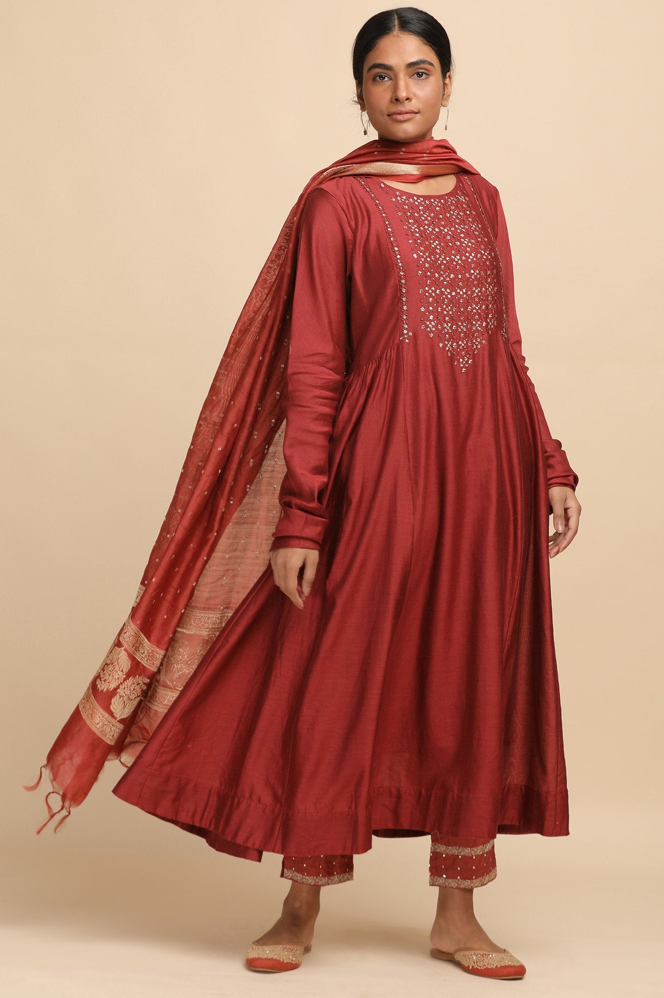 Red Flared Cotton Silk kurta