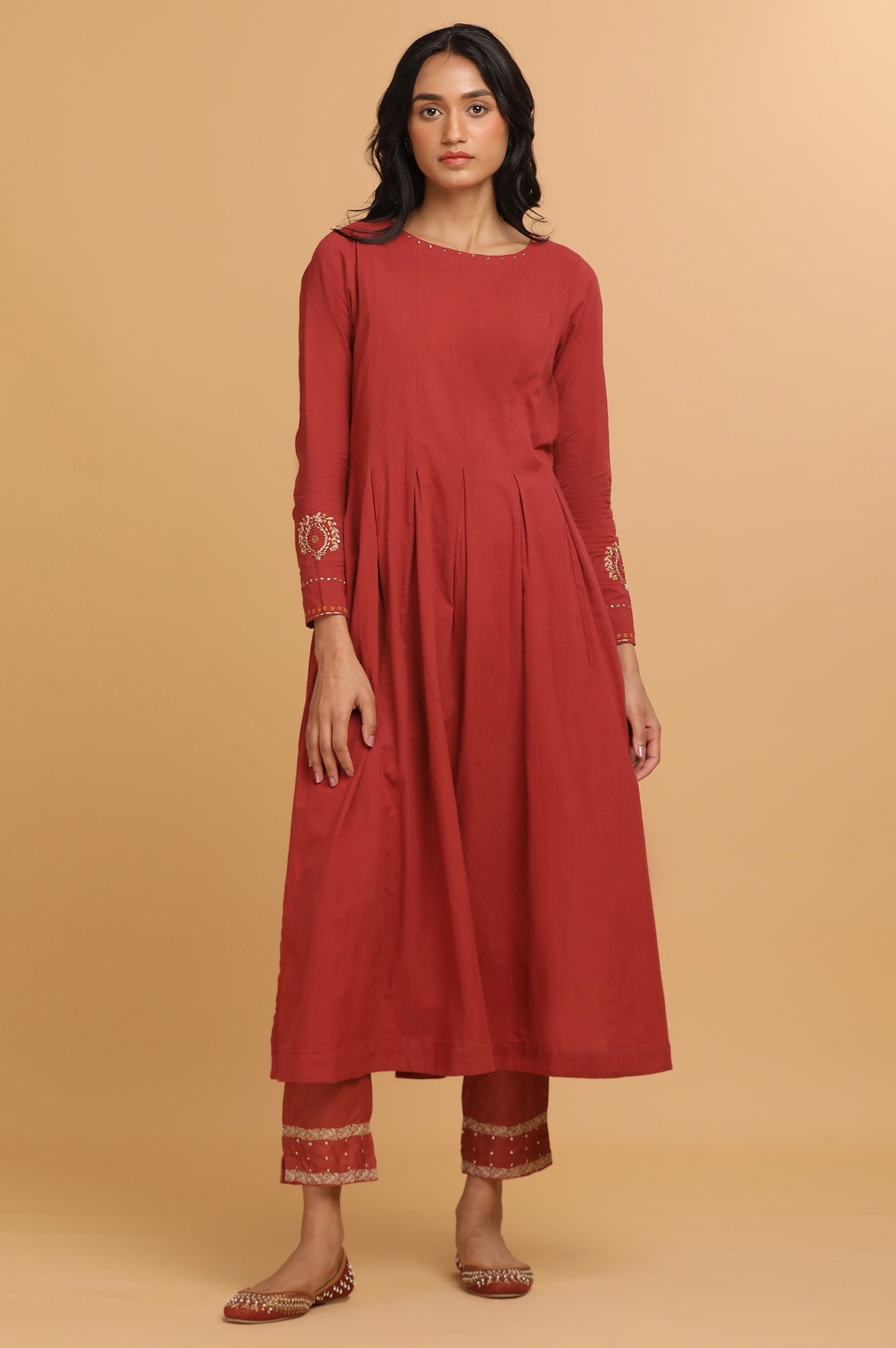 Red Longline Pleated Voile kurta