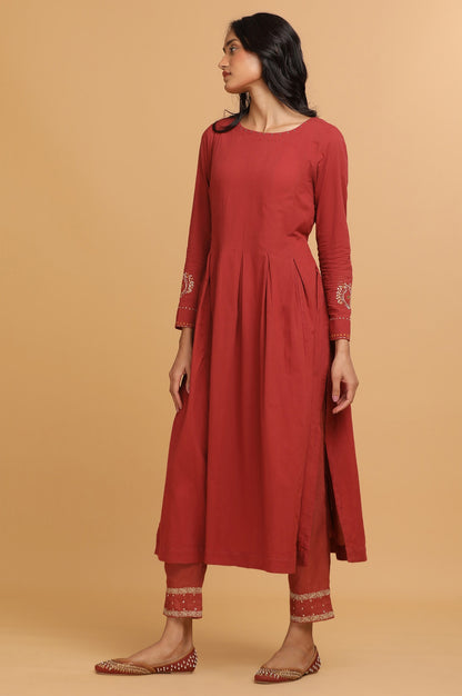 Red Longline Pleated Voile kurta