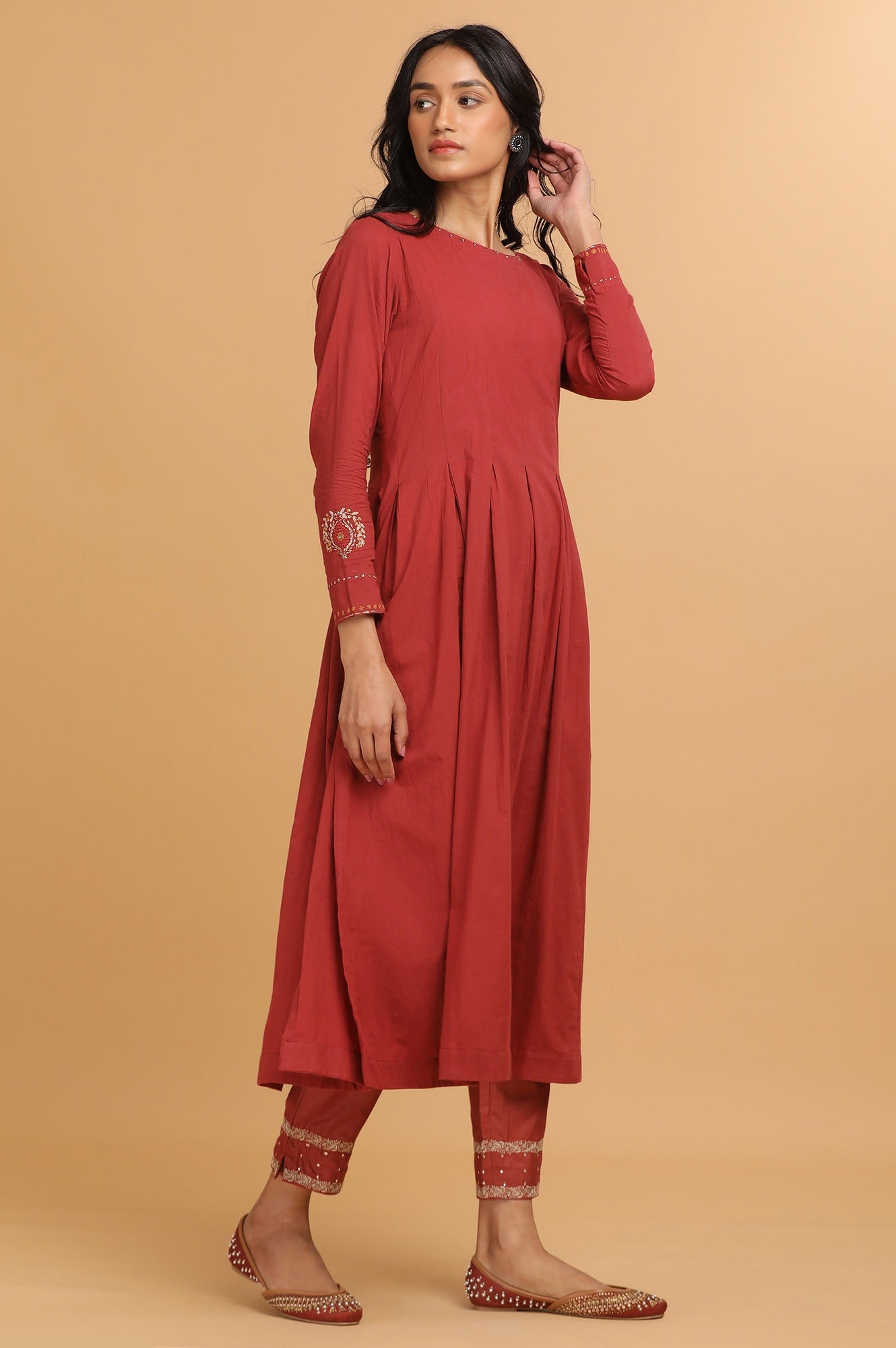 Red Longline Pleated Voile kurta