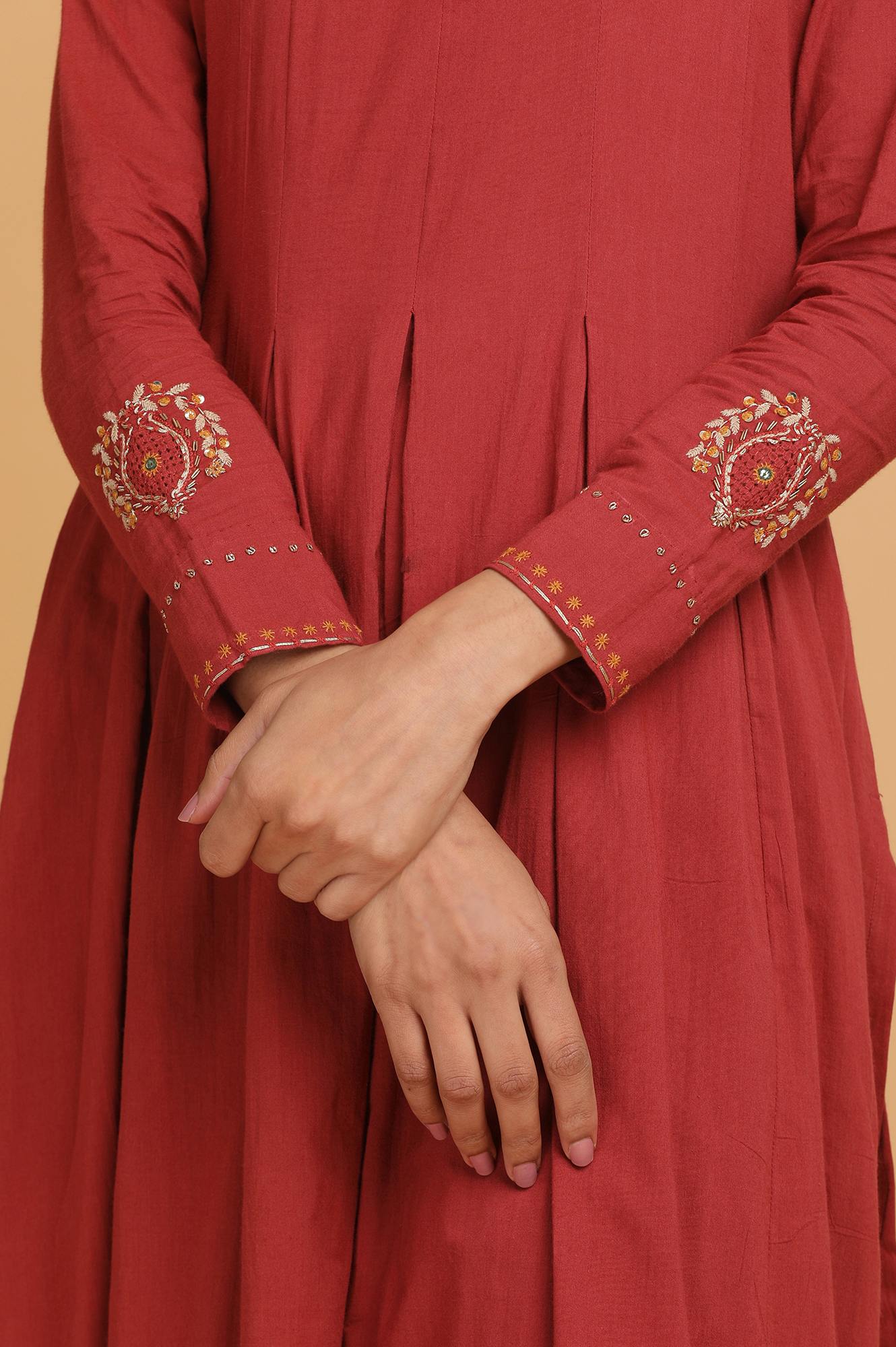 Red Longline Pleated Voile kurta