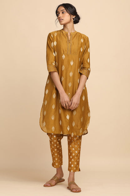 Mustard Cotton Silk Jacquard kurta