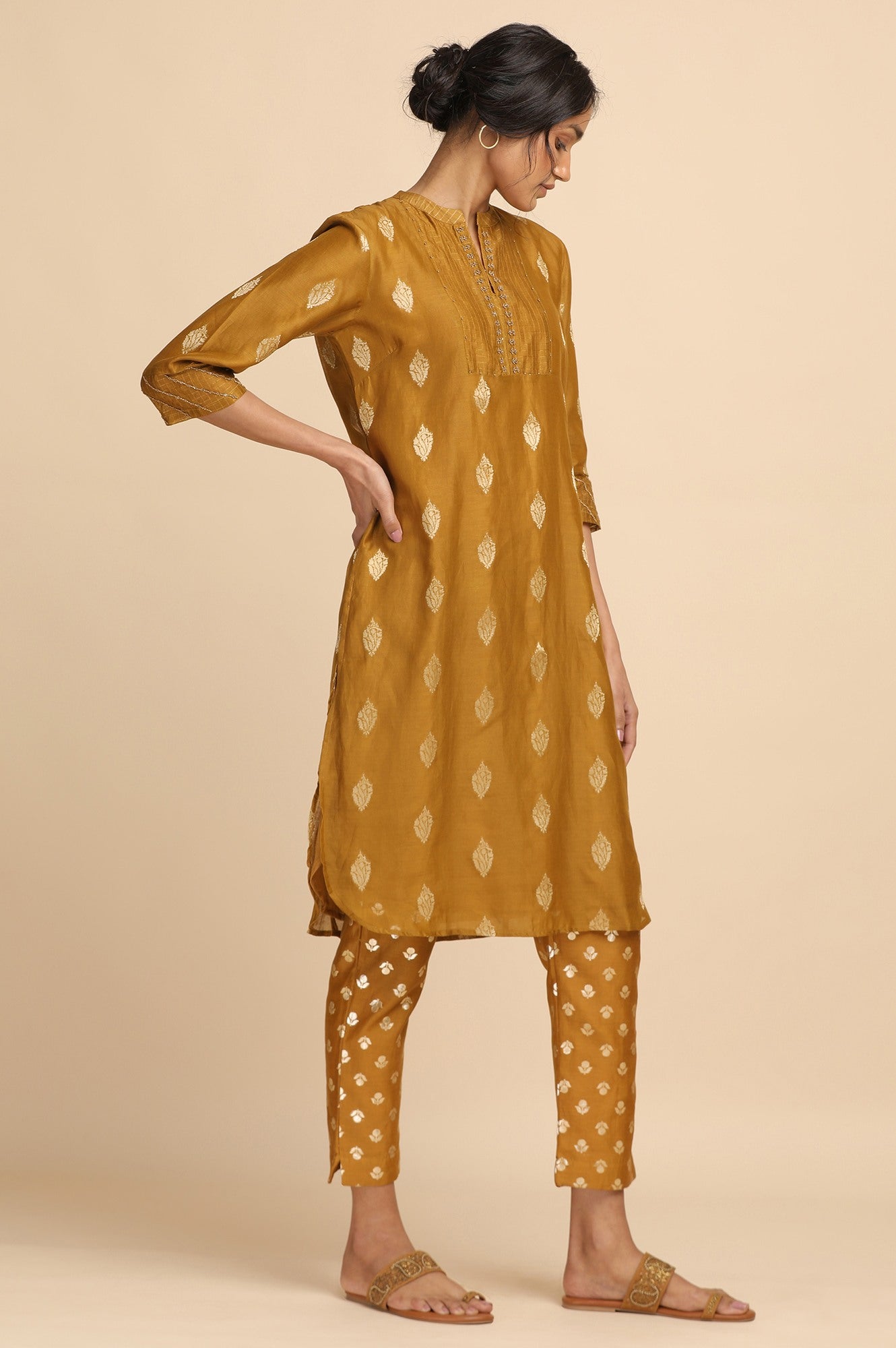 Mustard Cotton Silk Jacquard kurta