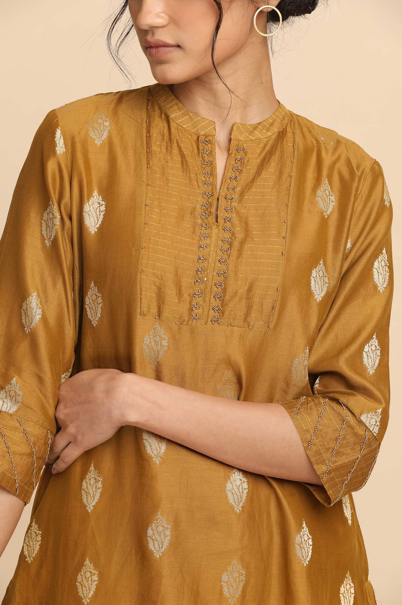 Mustard Cotton Silk Jacquard kurta