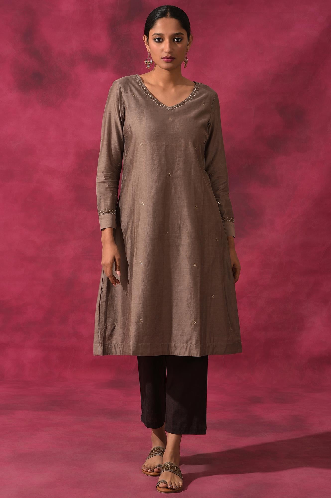 Grey V-Neck Cotton Silk kurta