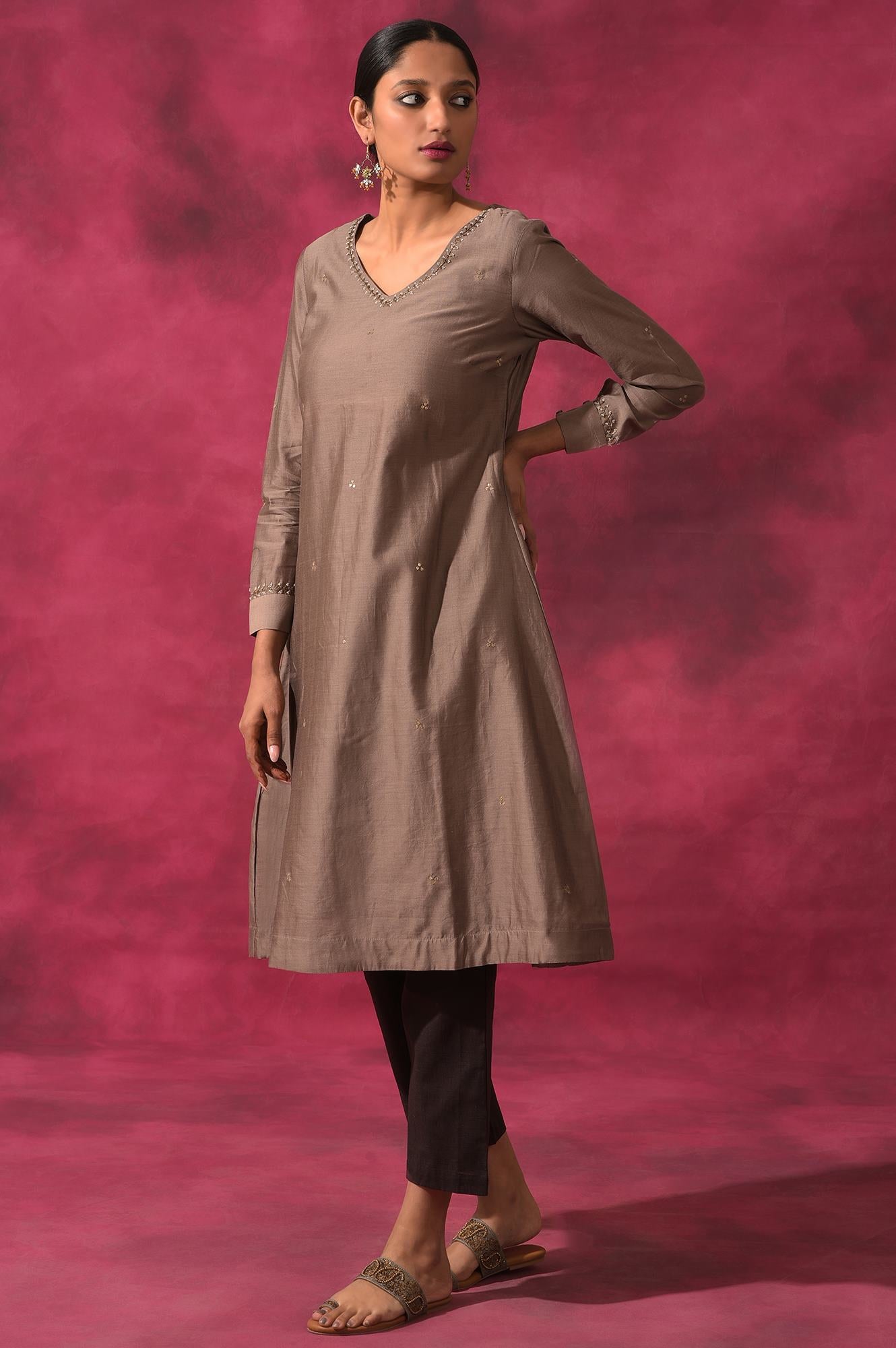 Grey V-Neck Cotton Silk kurta