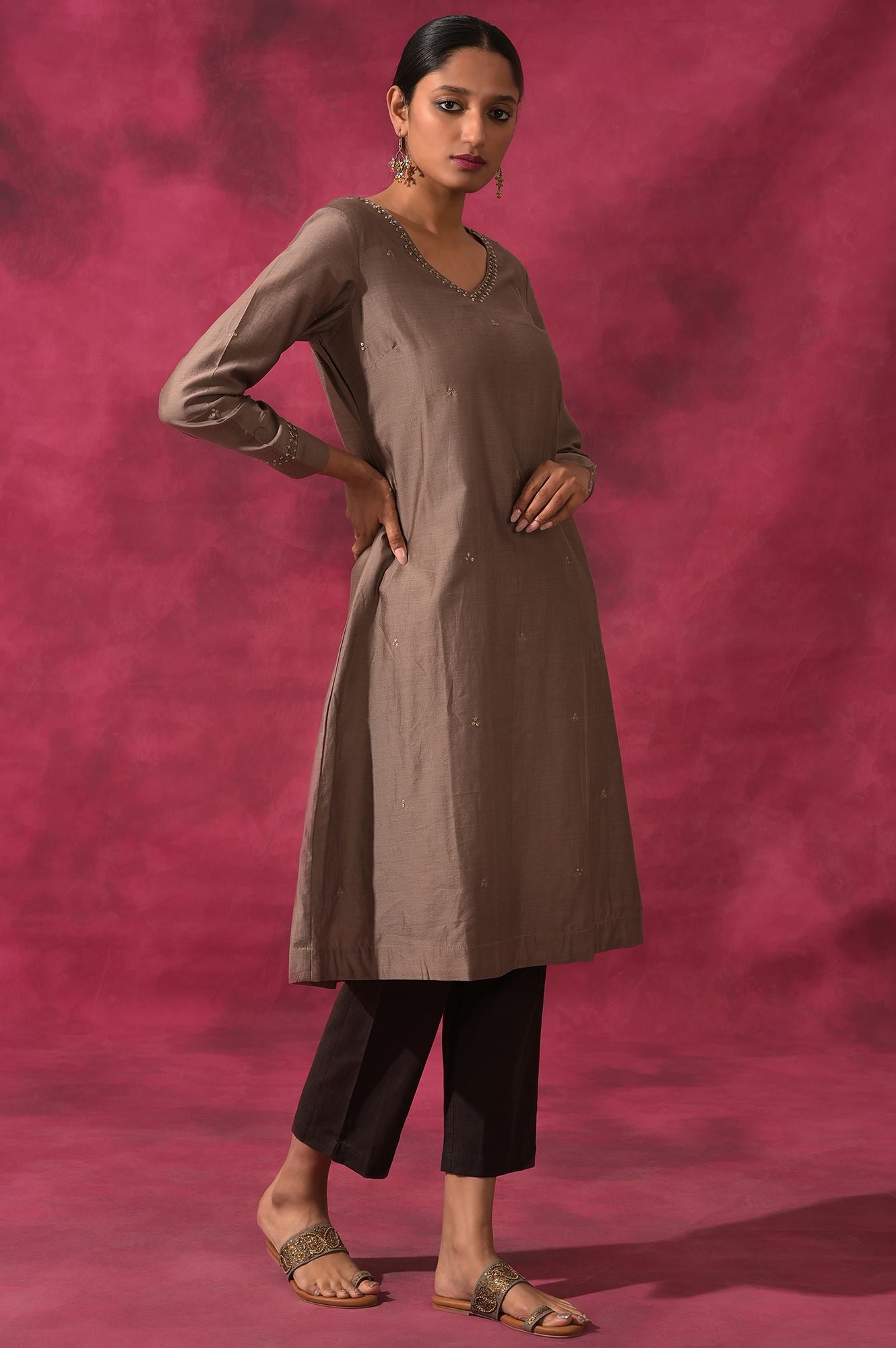 Grey V-Neck Cotton Silk kurta