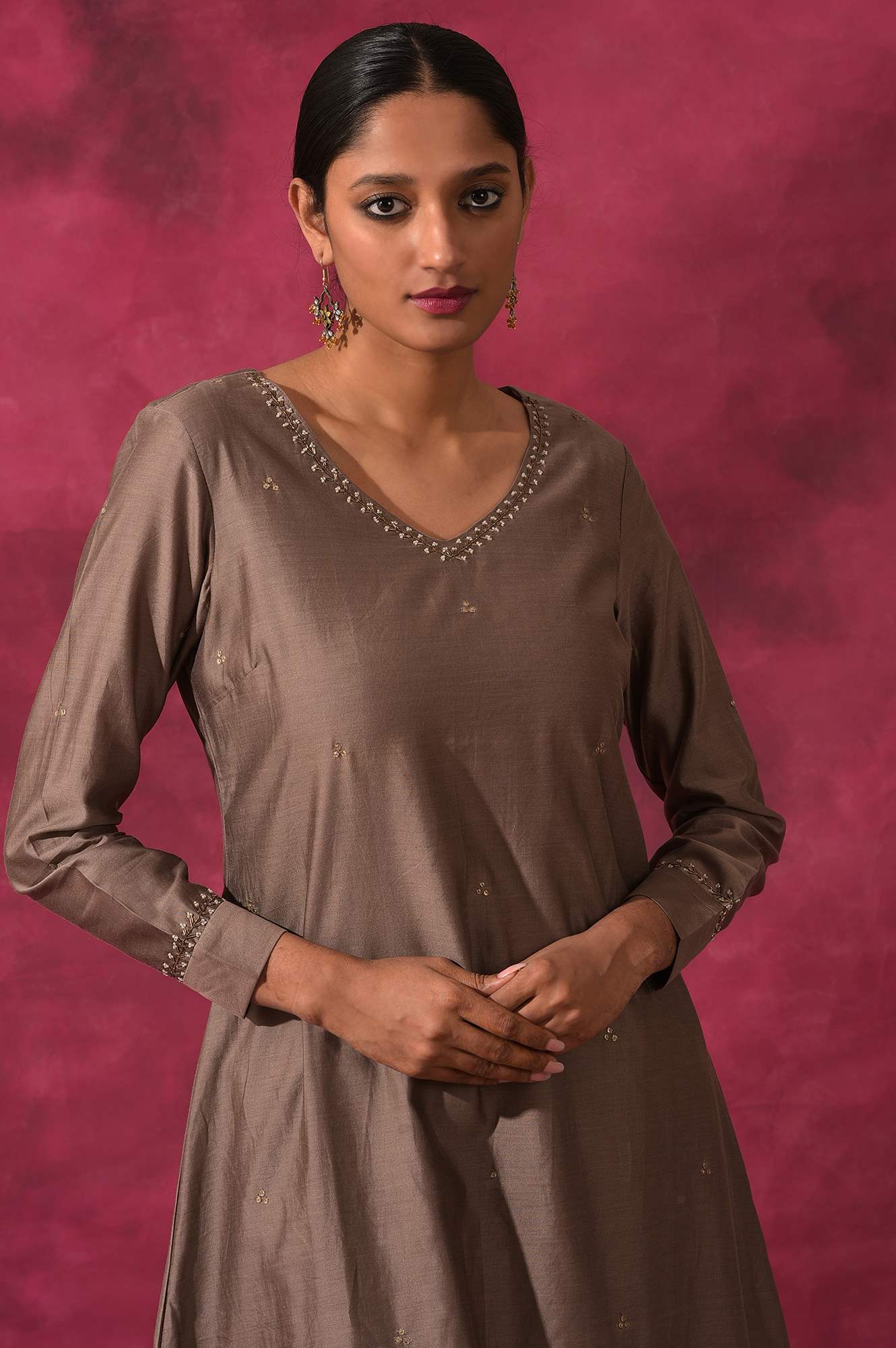 Grey V-Neck Cotton Silk kurta