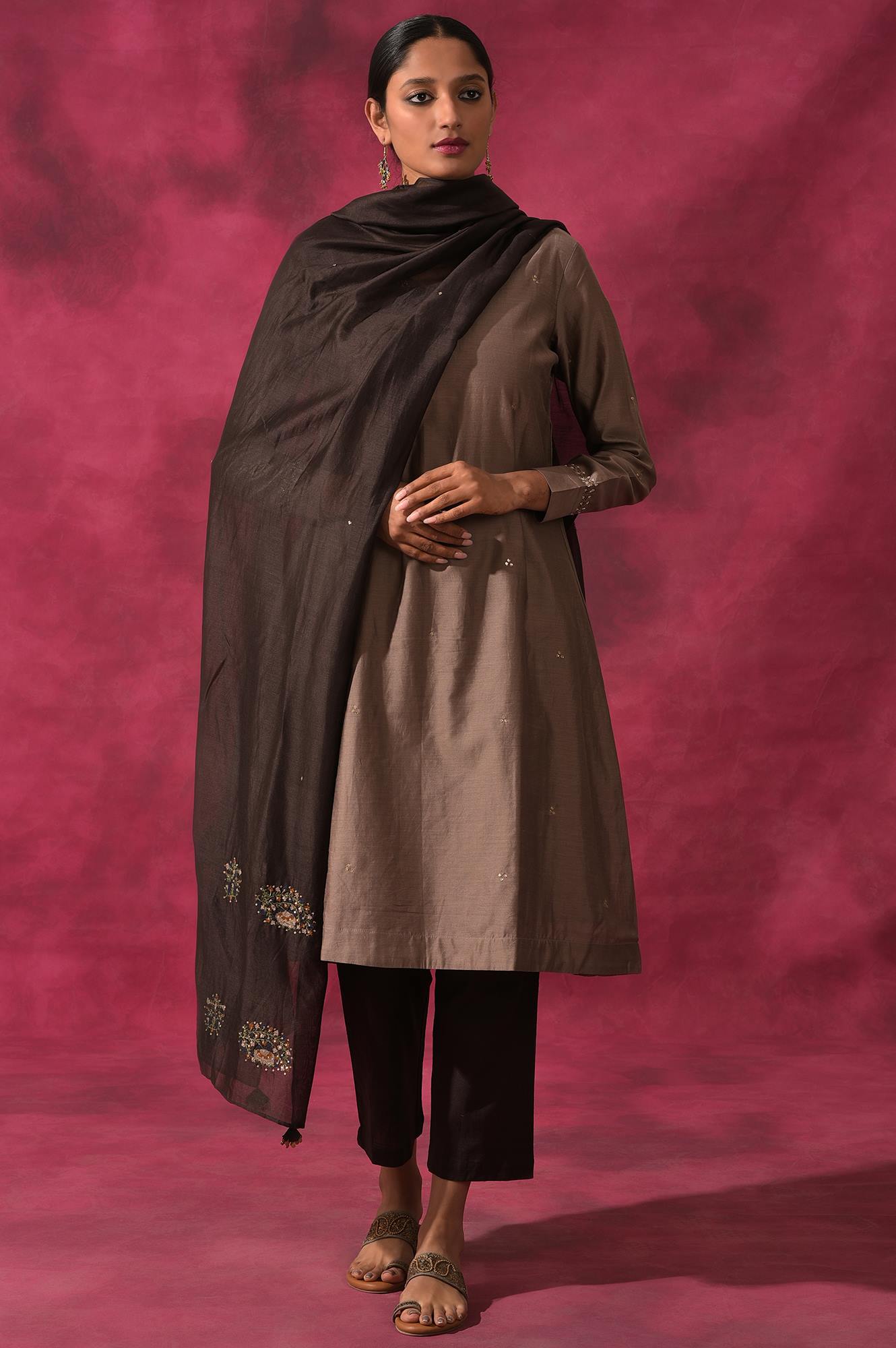 Grey V-Neck Cotton Silk kurta