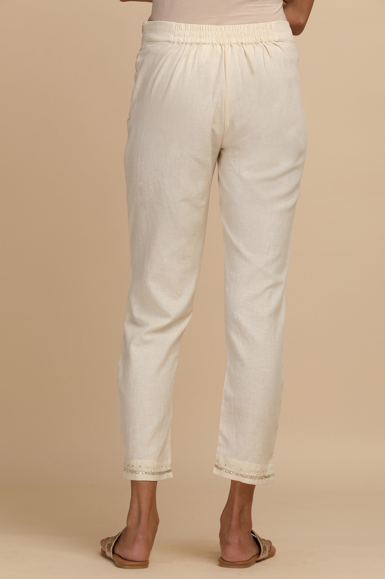 Ecru Solid Cotton Slim Pants